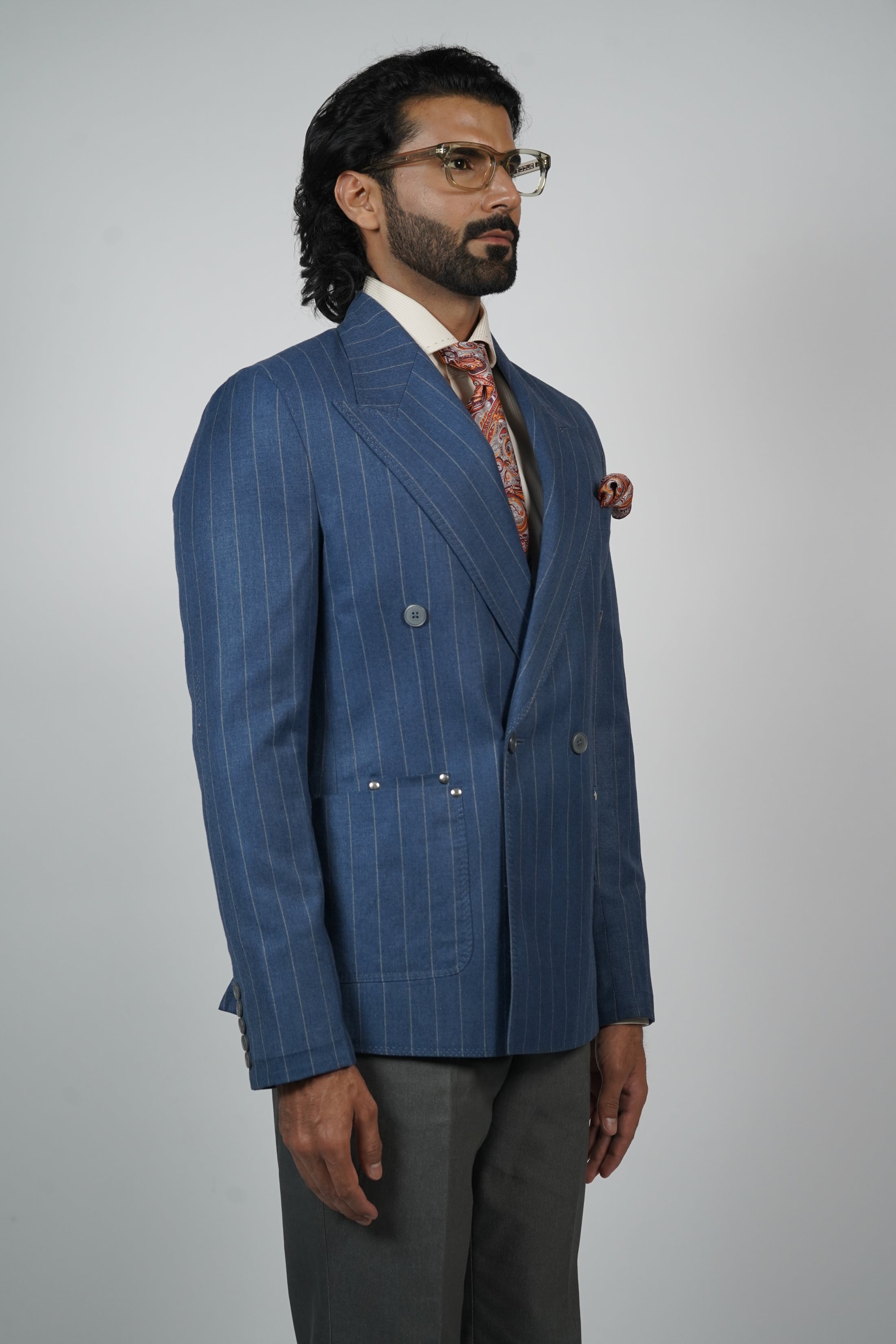 Blue Pinstripe Double-Breasted Jacket