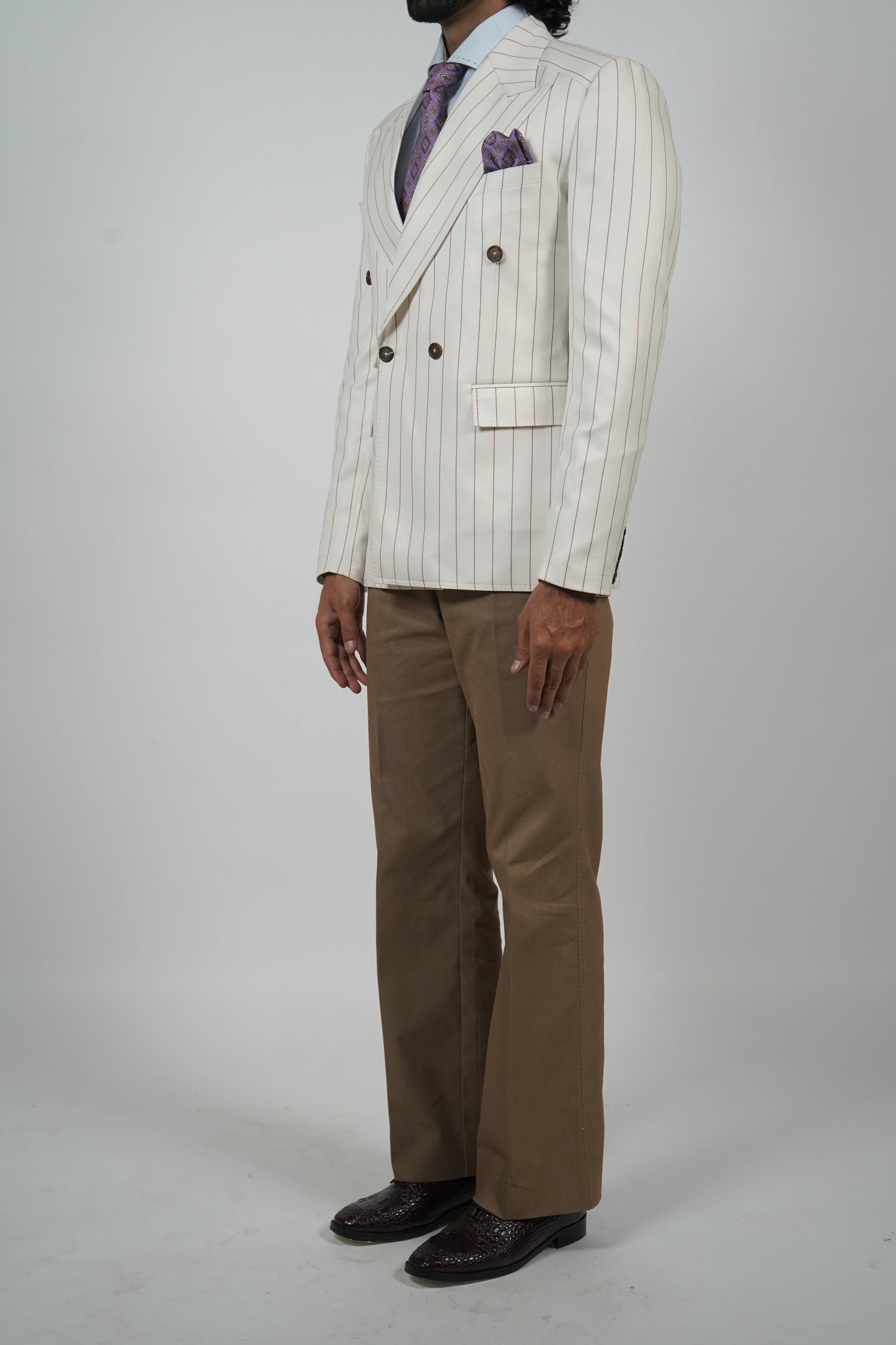 White & Brown Stripe Double-Breasted Jacket