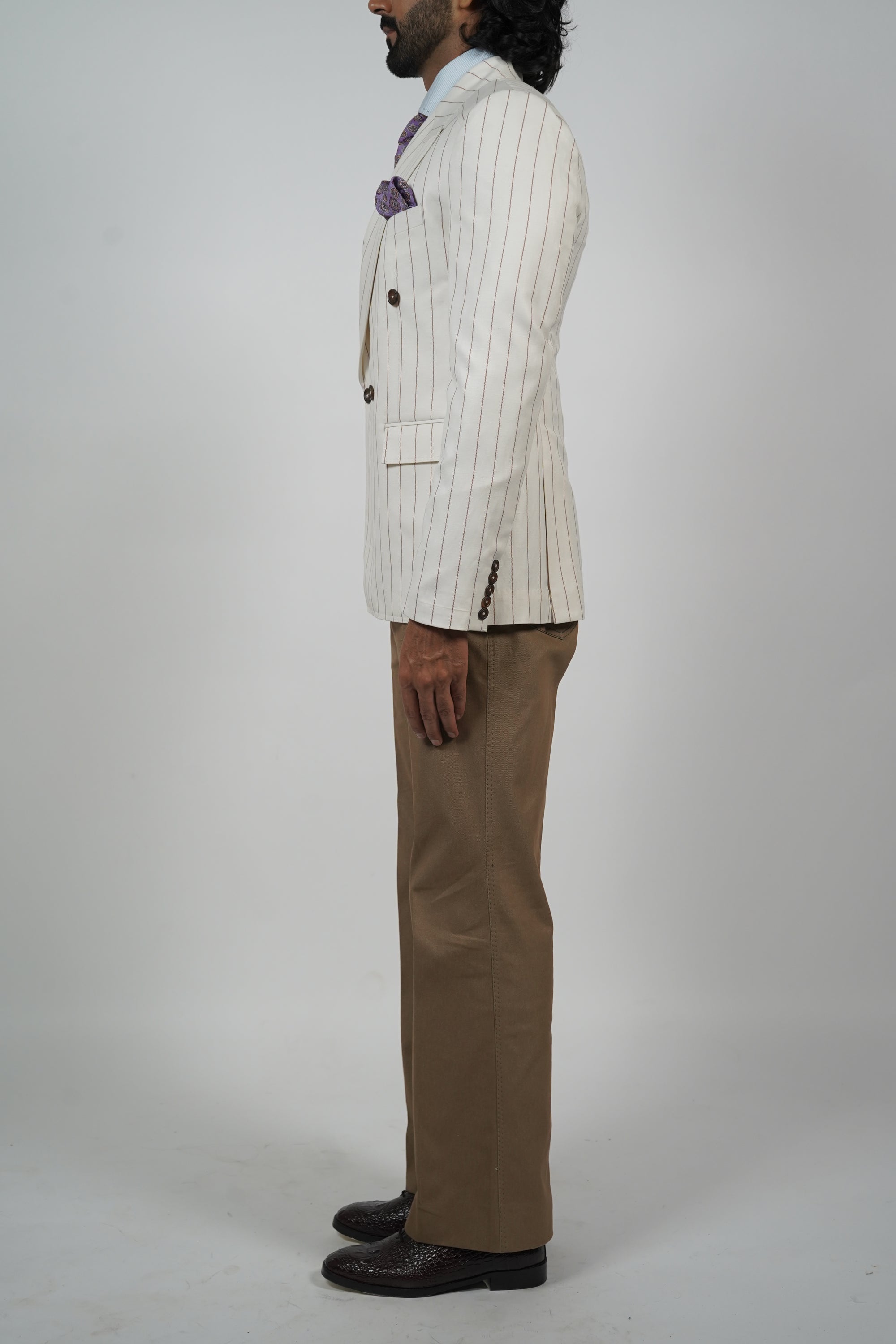 White & Brown Stripe Double-Breasted Jacket