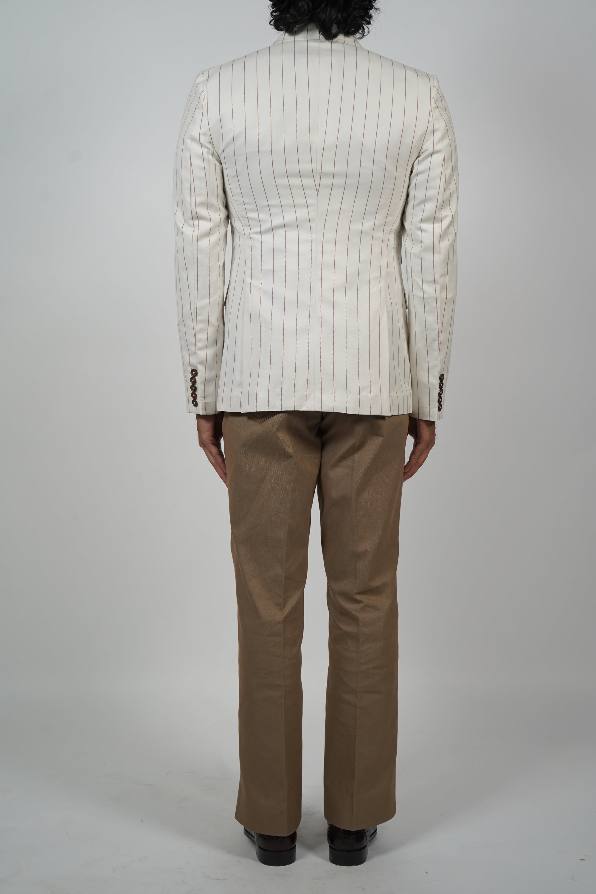 White & Brown Stripe Double-Breasted Jacket