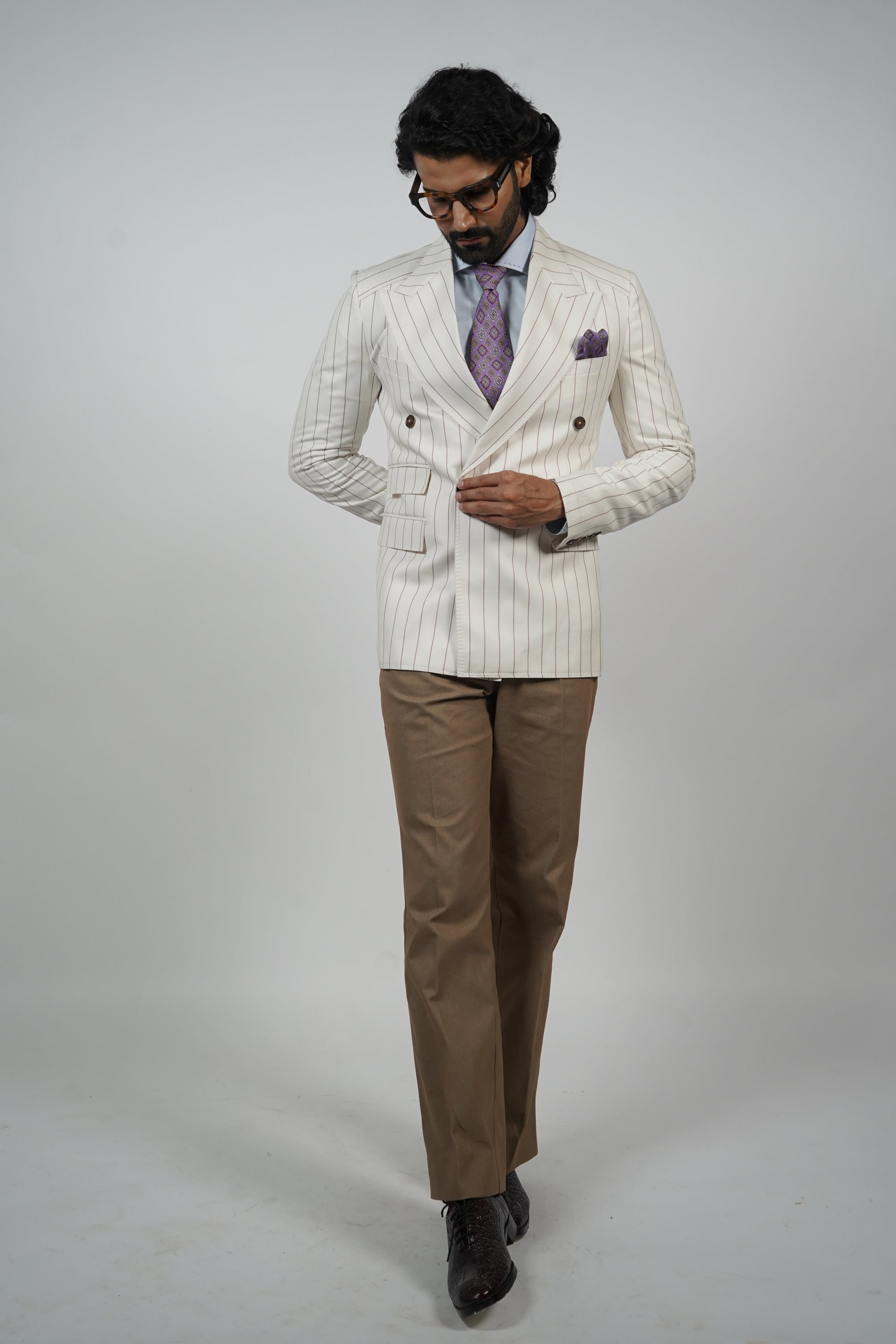 White & Brown Stripe Double-Breasted Jacket