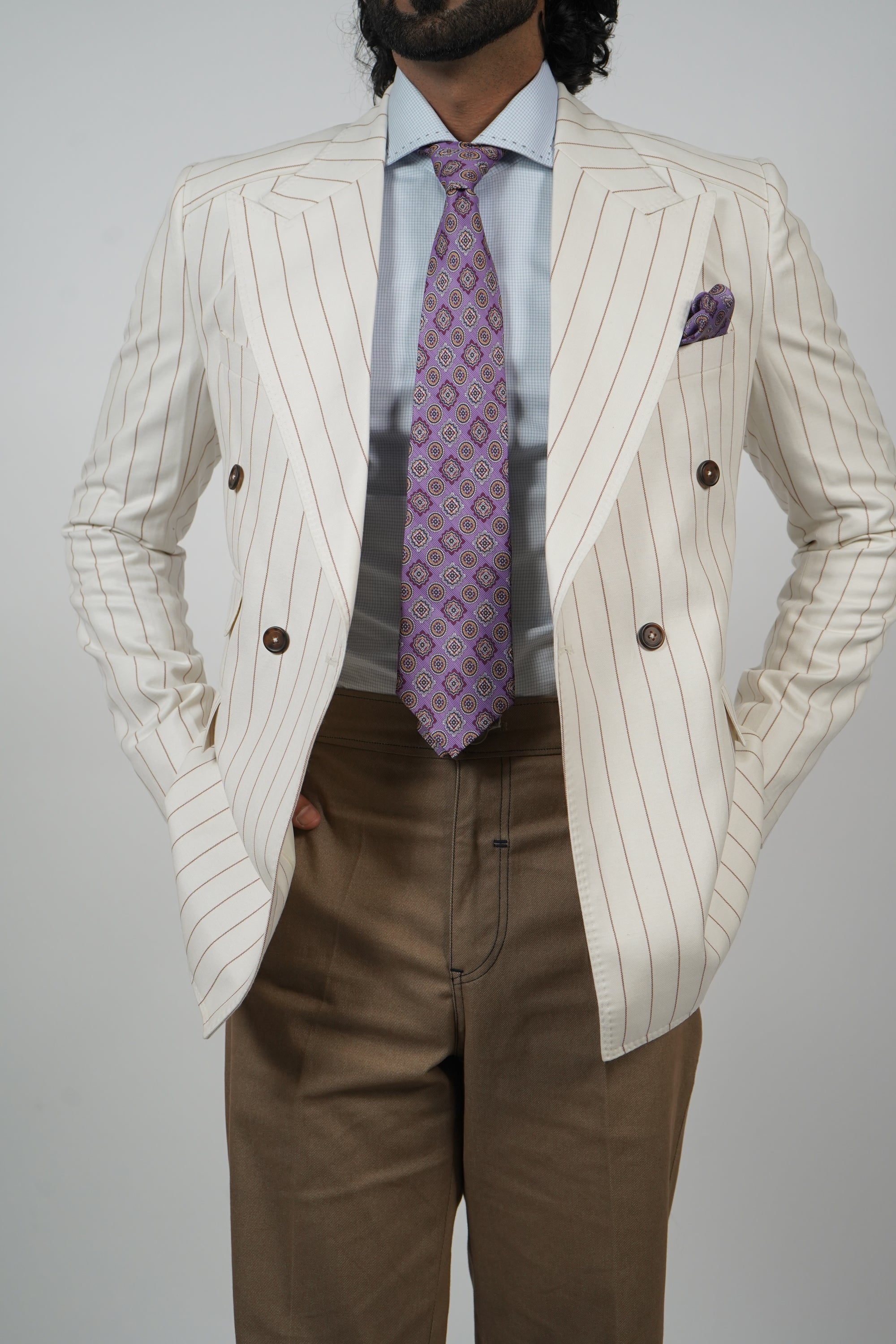 White & Brown Stripe Double-Breasted Jacket