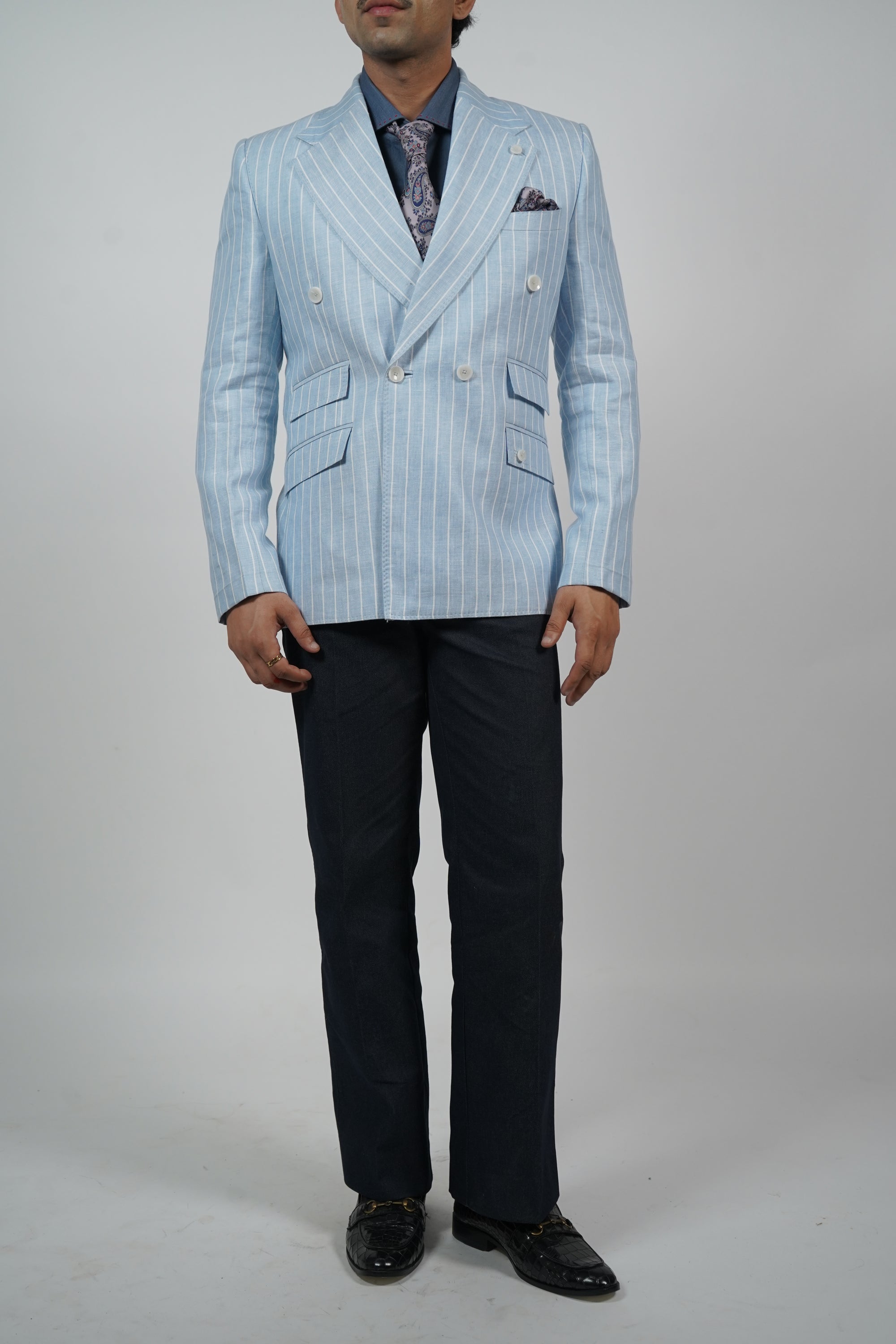 Sky Blue Linen Stripe Jacket