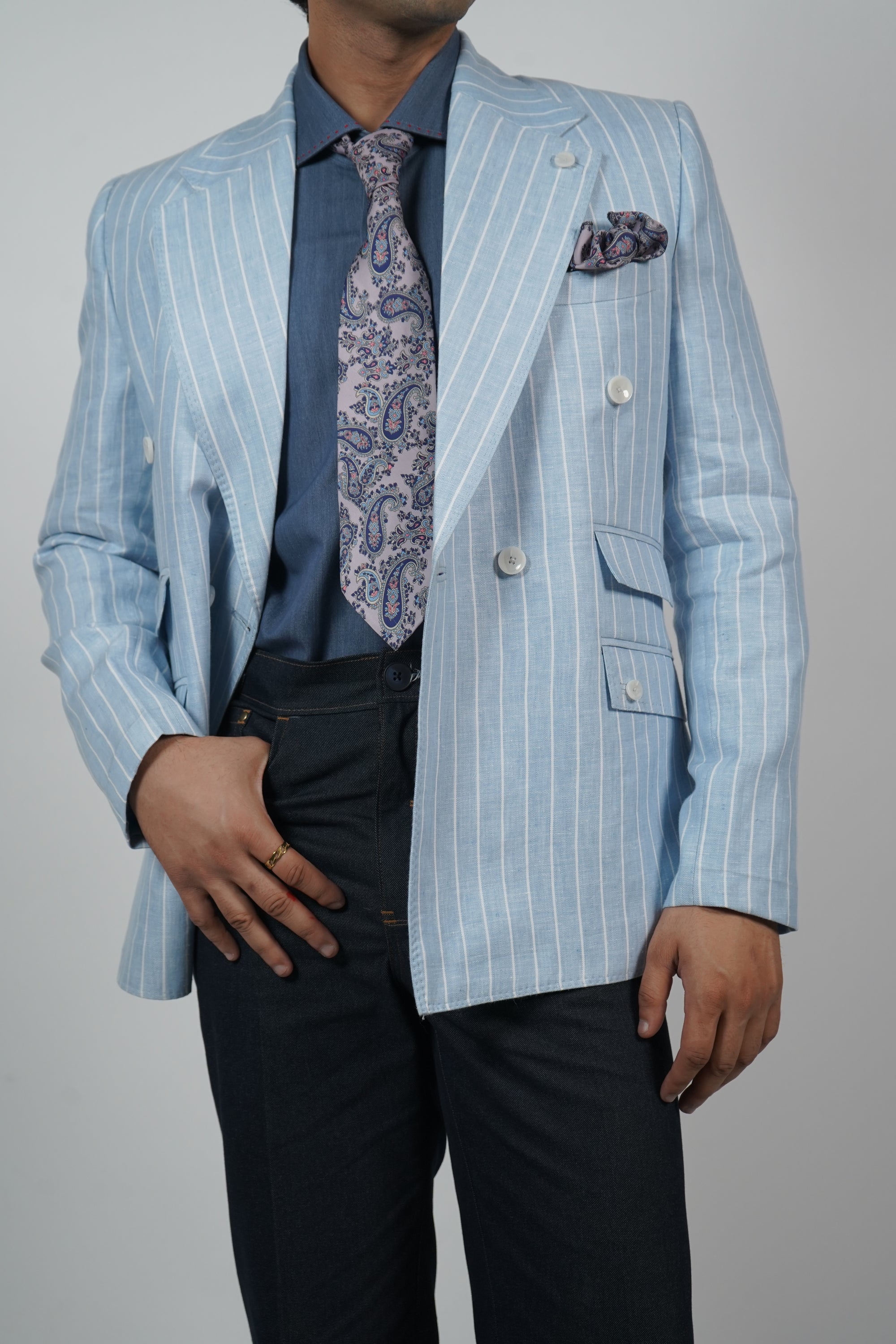 Sky Blue Linen Stripe Jacket